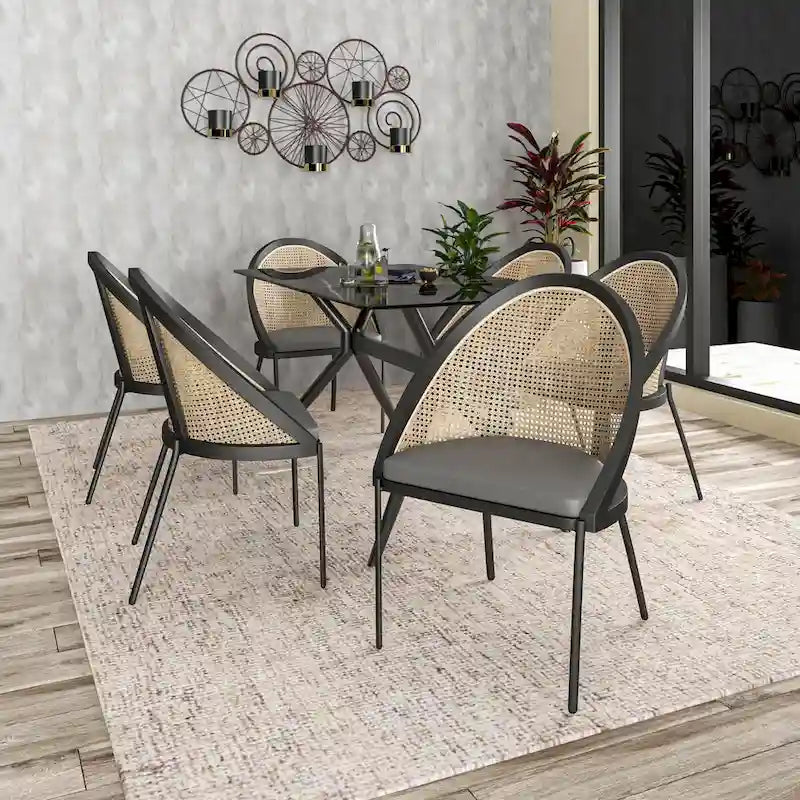 Cadeira de jantar moderna e elegante Urbane, com assento em pele e costas em vime, para sala de jantar e cozinha