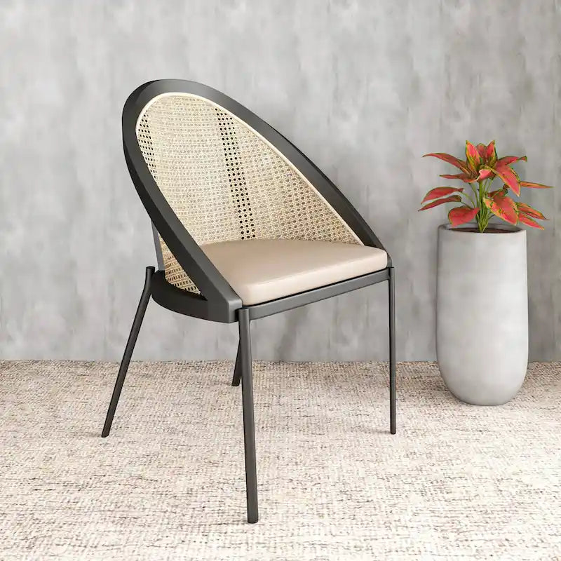 Cadeira de jantar moderna e elegante Urbane, com assento em pele e costas em vime, para sala de jantar e cozinha