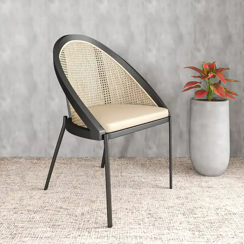 Cadeira de jantar moderna e elegante Urbane, com assento em pele e costas em vime, para sala de jantar e cozinha
