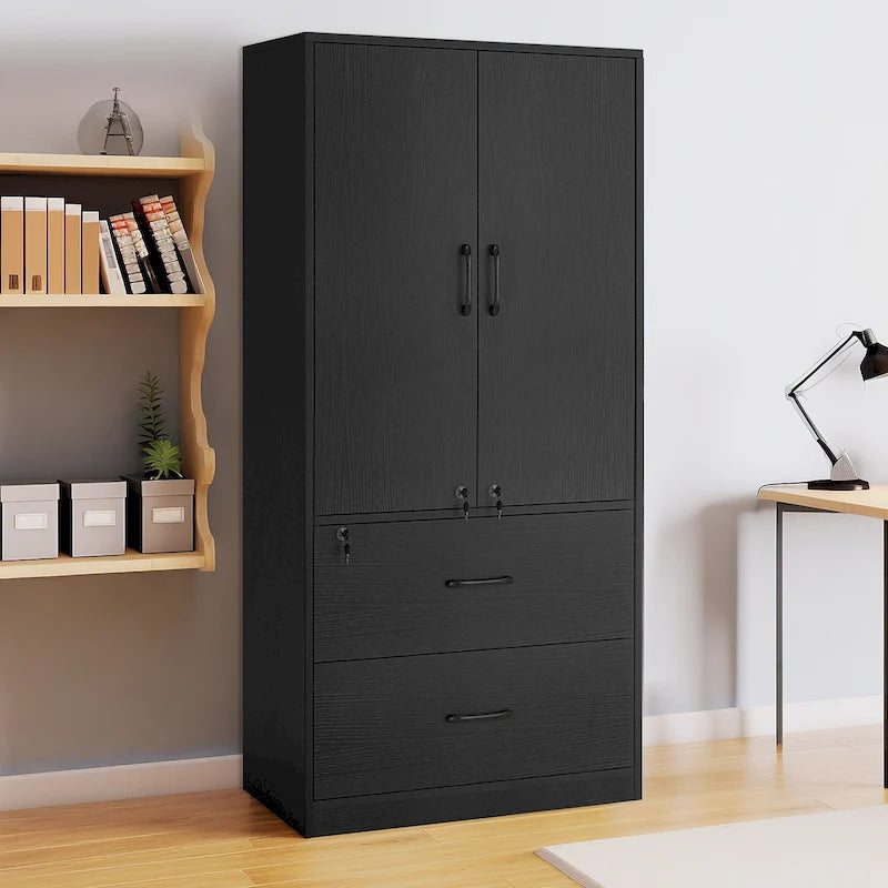 68H Large Heavy Duty Wood File Cabinets 2-Drawer Storage Cabinet with Lock and Adjustable Shelves