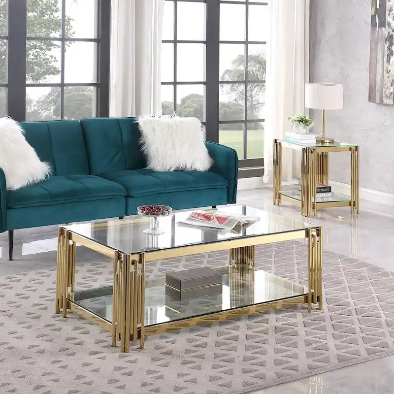 48 Wide Rectangular Coffee Table with Glass Top, Stainless Steel Double-Layer Coffee Table