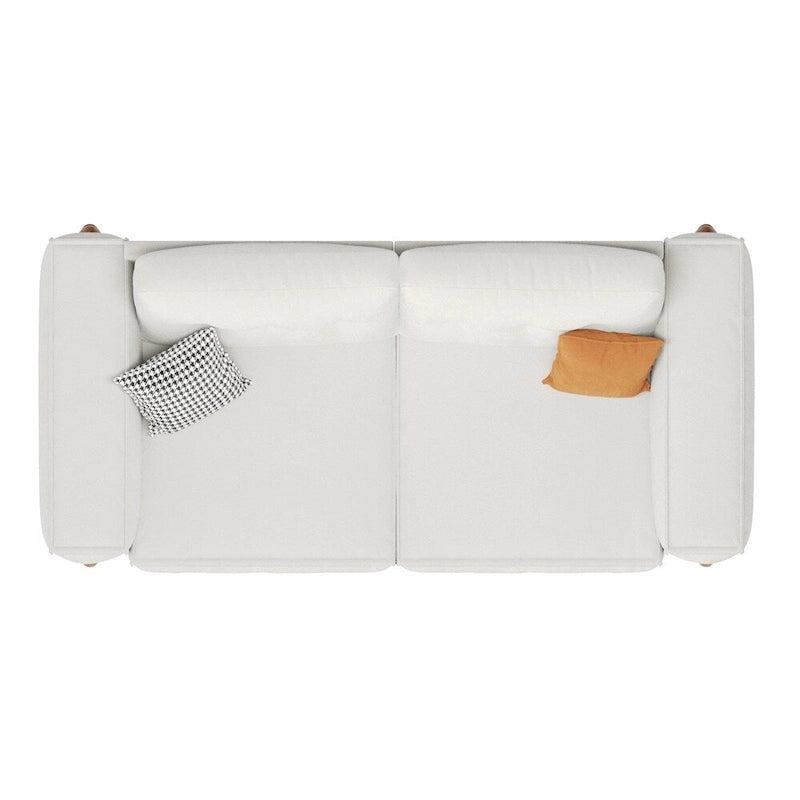 Moderne bank met teddy-stoffen bekleding, houten poten en 2 kussens