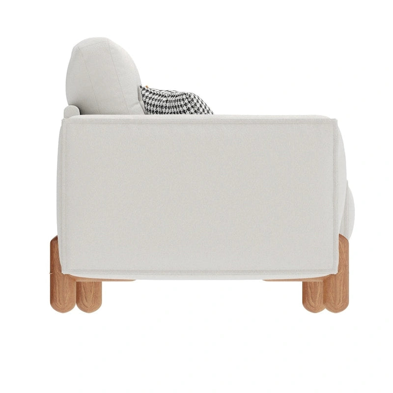 Moderne bank met teddy-stoffen bekleding, houten poten en 2 kussens