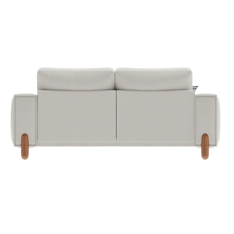 Moderne bank met teddy-stoffen bekleding, houten poten en 2 kussens