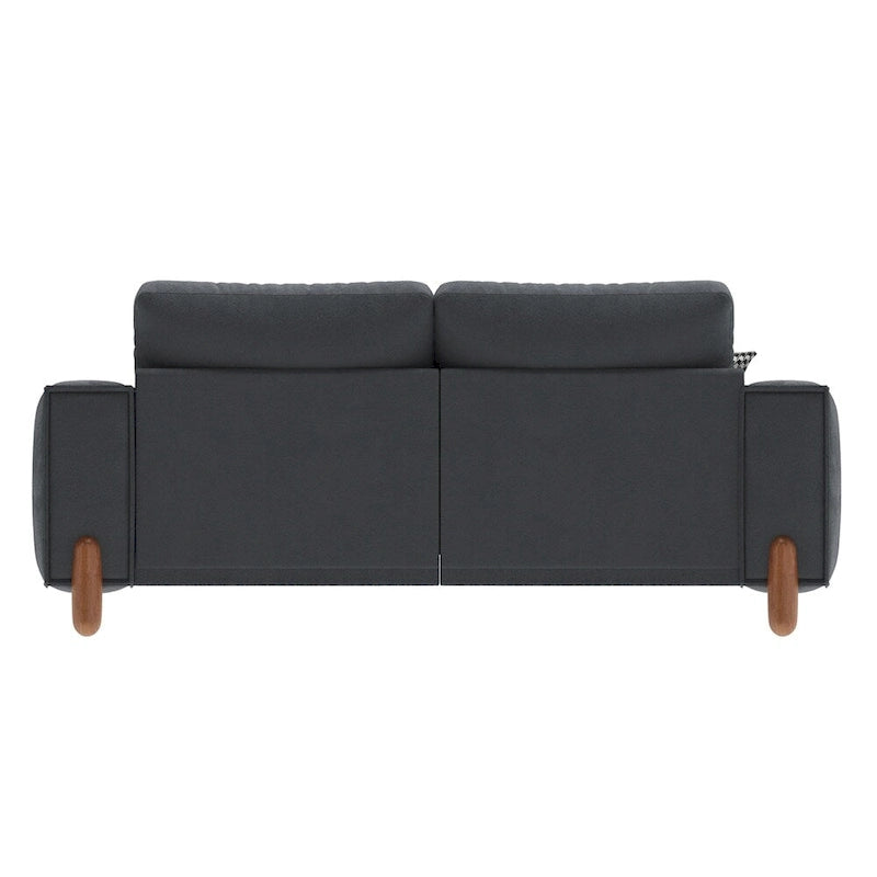 Moderne bank met teddy-stoffen bekleding, houten poten en 2 kussens