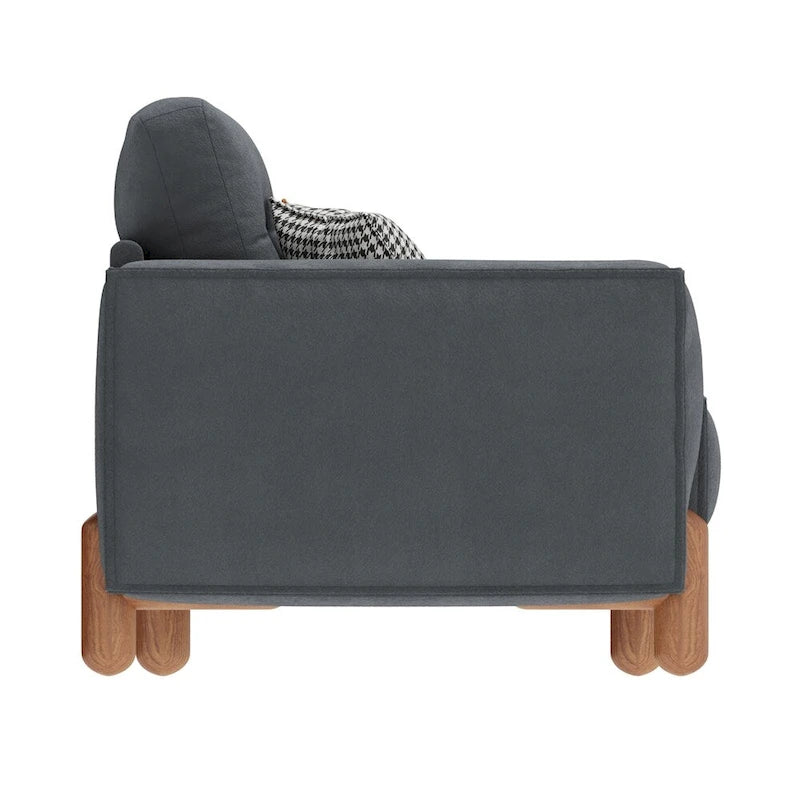 Moderne bank met teddy-stoffen bekleding, houten poten en 2 kussens