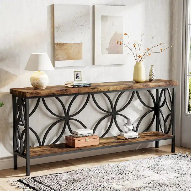 Extra lange banktafel met metalen frame en rustieke houtafwerking - 70.86 L x 11.81 B x 31.88 H