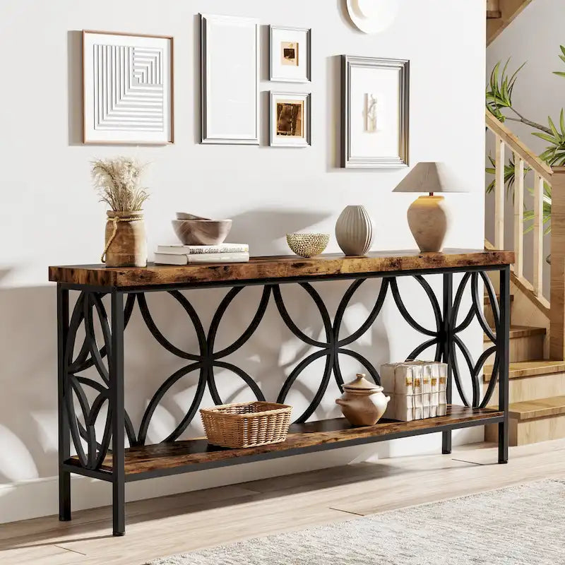 Extra lange banktafel met metalen frame en rustieke houtafwerking - 70.86 L x 11.81 B x 31.88 H