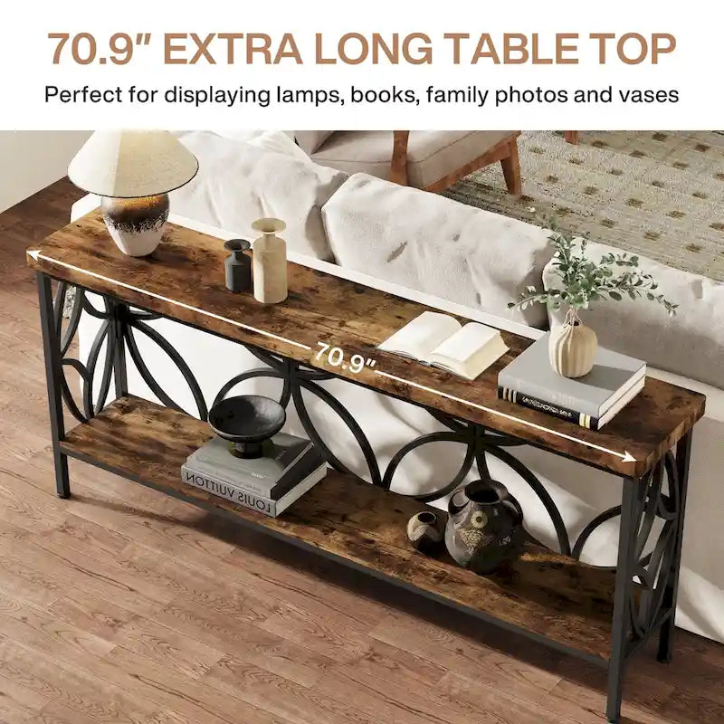 Extra lange banktafel met metalen frame en rustieke houtafwerking - 70.86 L x 11.81 B x 31.88 H