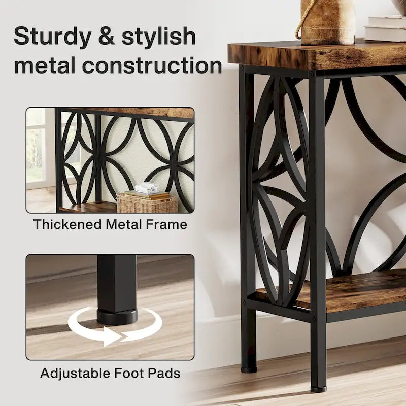Extra lange banktafel met metalen frame en rustieke houtafwerking - 70.86 L x 11.81 B x 31.88 H