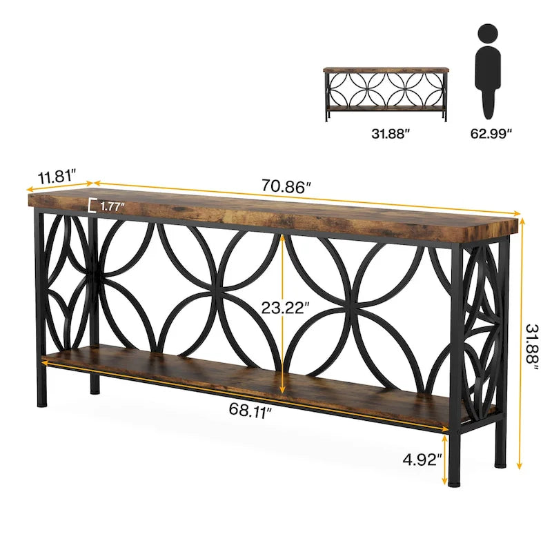 Extra lange banktafel met metalen frame en rustieke houtafwerking - 70.86 L x 11.81 B x 31.88 H