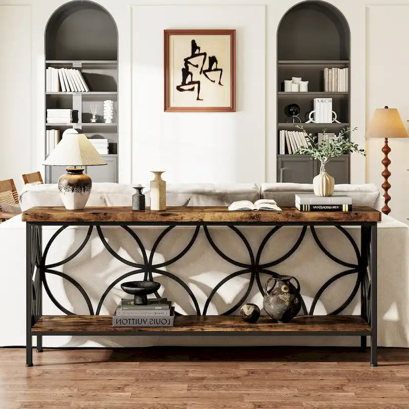 Extra lange banktafel met metalen frame en rustieke houtafwerking - 70.86 L x 11.81 B x 31.88 H