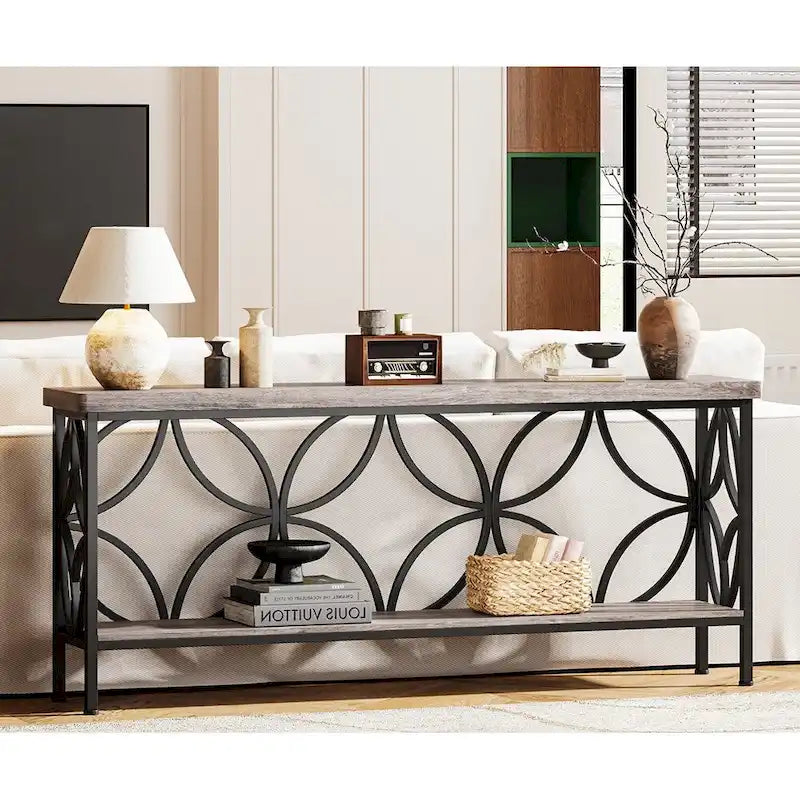 Extra lange banktafel met metalen frame en rustieke houtafwerking - 70.86 L x 11.81 B x 31.88 H