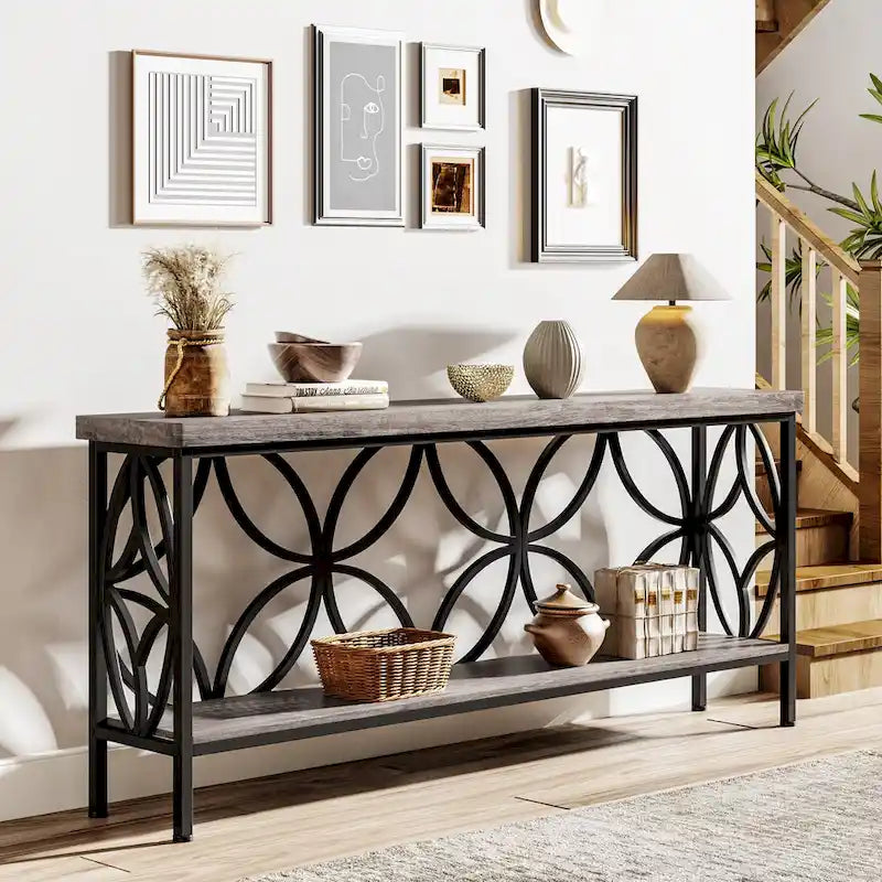 Extra lange banktafel met metalen frame en rustieke houtafwerking - 70.86 L x 11.81 B x 31.88 H