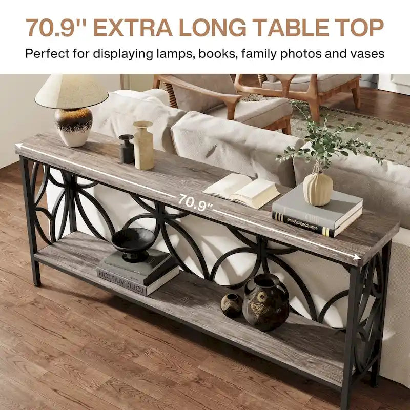 Extra lange banktafel met metalen frame en rustieke houtafwerking - 70.86 L x 11.81 B x 31.88 H