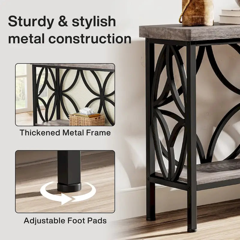 Extra lange banktafel met metalen frame en rustieke houtafwerking - 70.86 L x 11.81 B x 31.88 H