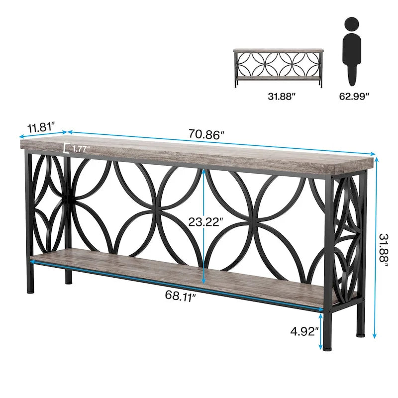Extra lange banktafel met metalen frame en rustieke houtafwerking - 70.86 L x 11.81 B x 31.88 H