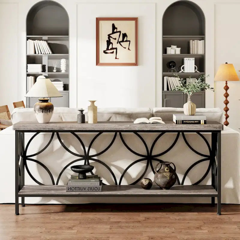 Extra lange banktafel met metalen frame en rustieke houtafwerking - 70.86 L x 11.81 B x 31.88 H