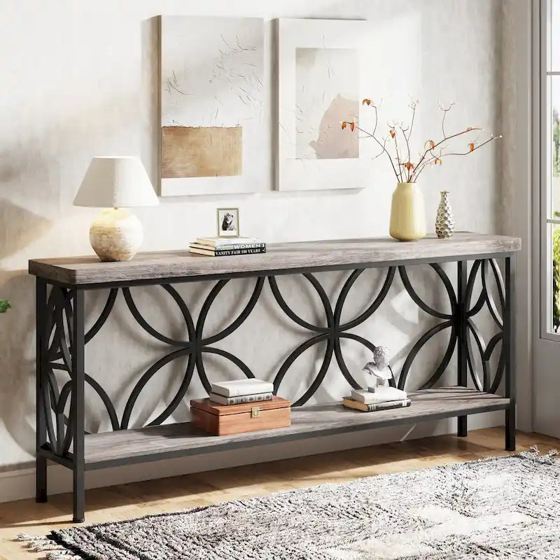 Extra lange banktafel met metalen frame en rustieke houtafwerking - 70.86 L x 11.81 B x 31.88 H