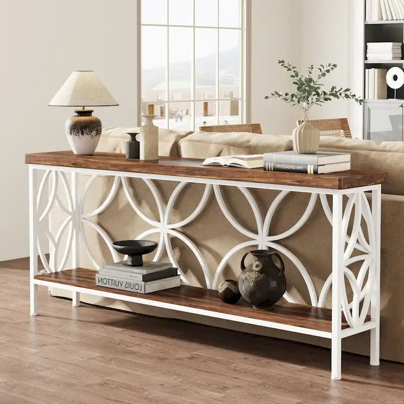Extra lange banktafel met metalen frame en rustieke houtafwerking - 70.86 L x 11.81 B x 31.88 H