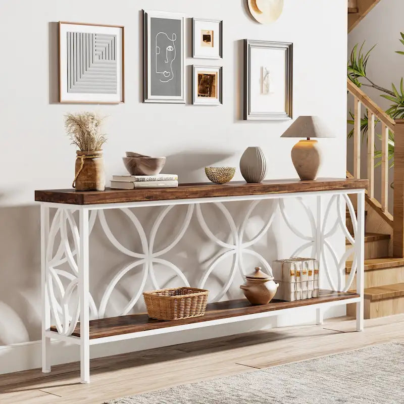 Extra lange banktafel met metalen frame en rustieke houtafwerking - 70.86 L x 11.81 B x 31.88 H
