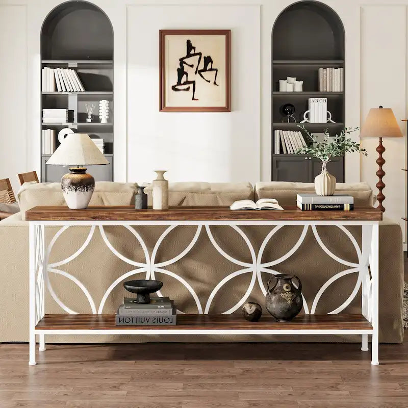 Extra lange banktafel met metalen frame en rustieke houtafwerking - 70.86 L x 11.81 B x 31.88 H