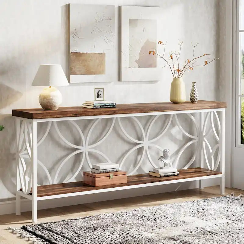 Extra lange banktafel met metalen frame en rustieke houtafwerking - 70.86 L x 11.81 B x 31.88 H