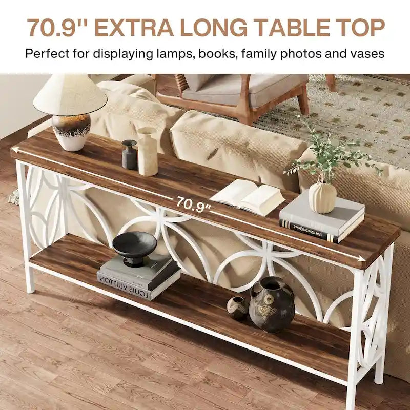 Extra lange banktafel met metalen frame en rustieke houtafwerking - 70.86 L x 11.81 B x 31.88 H