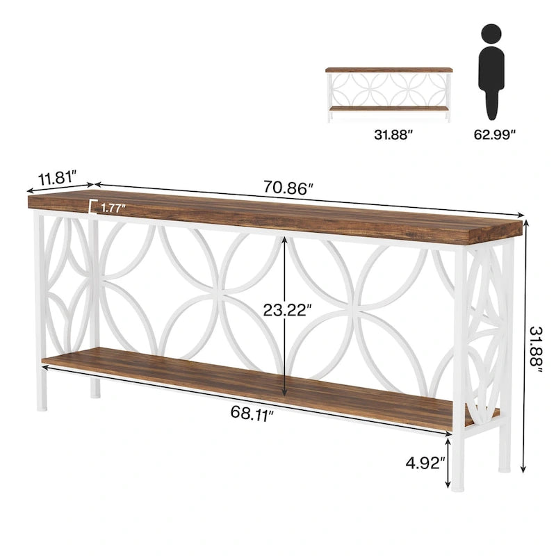 Extra lange banktafel met metalen frame en rustieke houtafwerking - 70.86 L x 11.81 B x 31.88 H